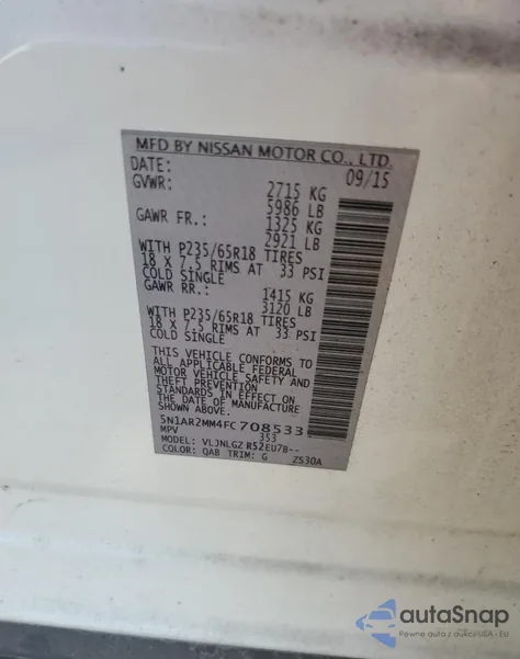 2015 Nissan Pathfinder S из США, поврежденный, VIN 5N1AR2MM4FC708533